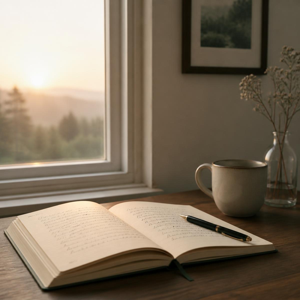 Placeholder image: an open journal and pen beside a window at sunrise